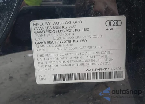 2013 Audi Q5 2.0T Premium из США, поврежденный, VIN WA1LFAFPXDA087695